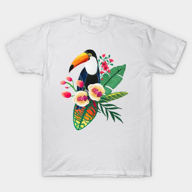 Tropical bird and flowers T-Shirt by JuliaBadeeva